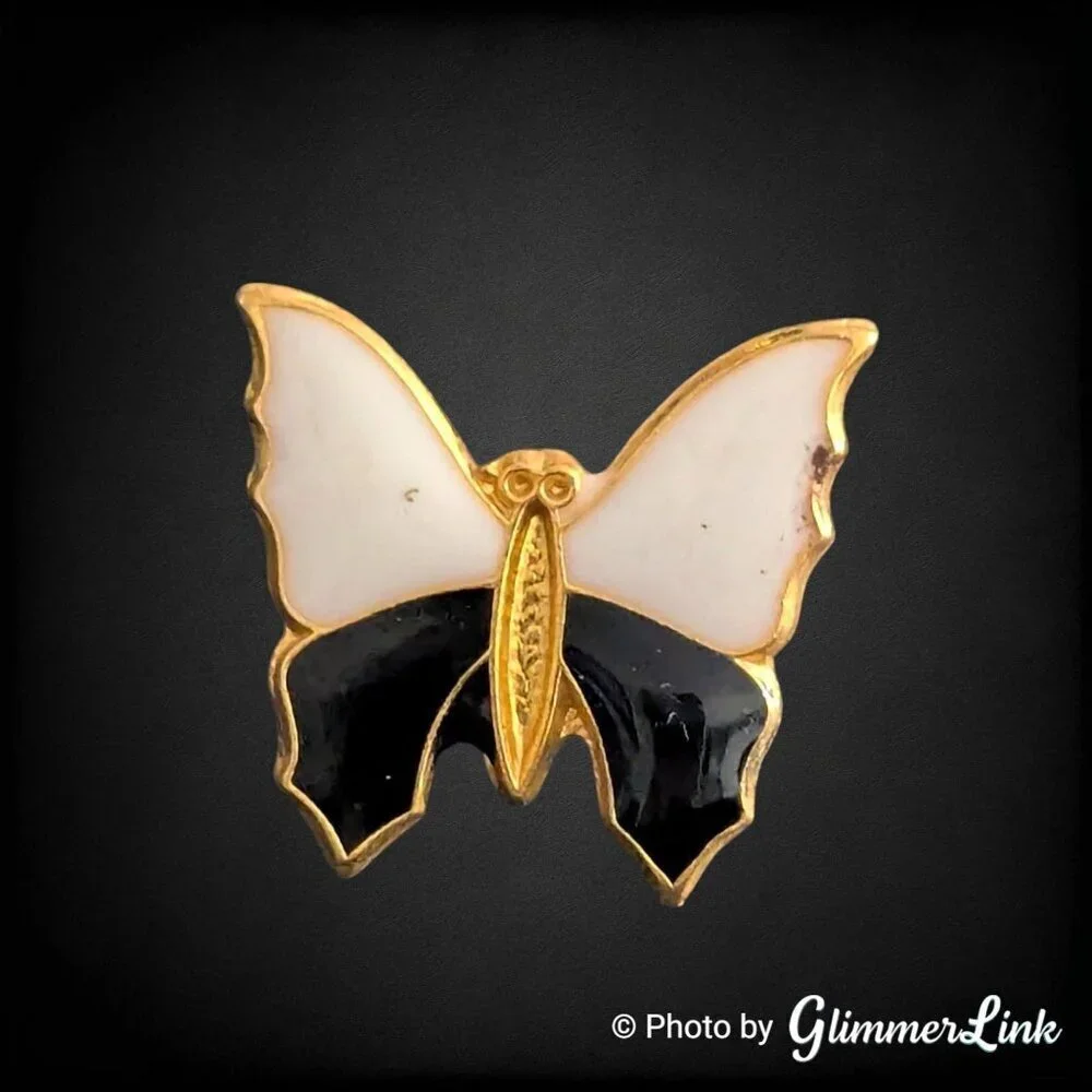 Vintage Dainty Black & White Enamel Butterfly Gold Tone Lapel Pin / Tie Tack